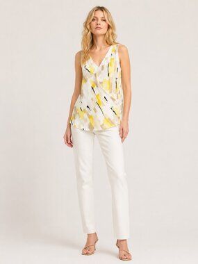 2/$30 White House Black Market Printed Silk Surplice Top Yellow Beige XS #A0394